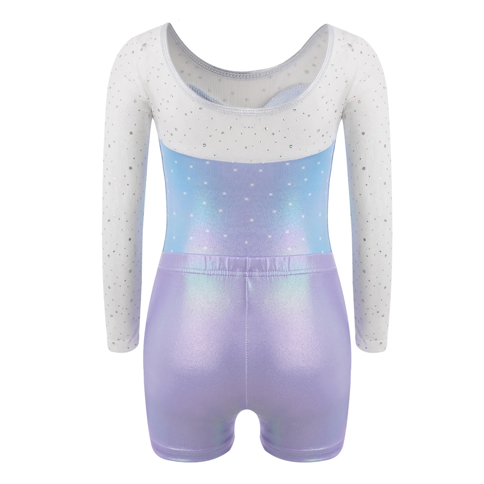 Kids Girls Rhinestone Snowflake Gymnastics Dance Outfit Long-sleeve Mesh Patchwork Shiny Sequin Metallic Leotard with Shots