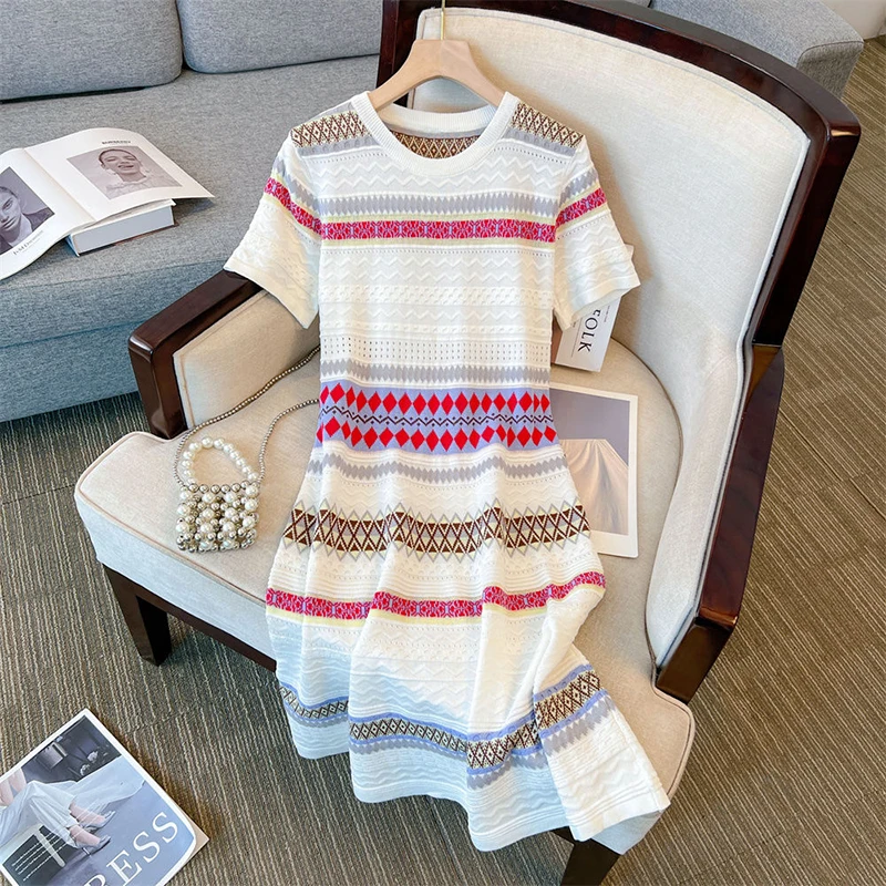 

Fashion O-Neck Knitted Spliced Striped Mini Dress Women's Clothing Summer New Loose Short Sleeve Korean Ladies Dresses