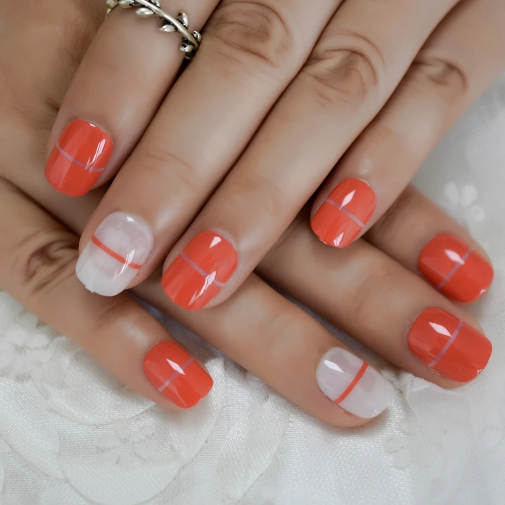 Faux Ongles Français Brillants à Pression Orange, Couverture Complète, N64.24 Pièces