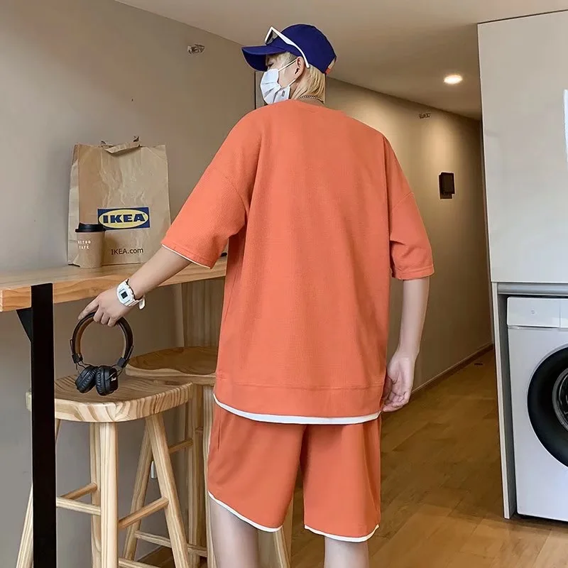 2026 New Summer Men's Waffle Set Casual T-shirt and Shorts Set Men's Sports Set Solid Color Sports Set Loose Set