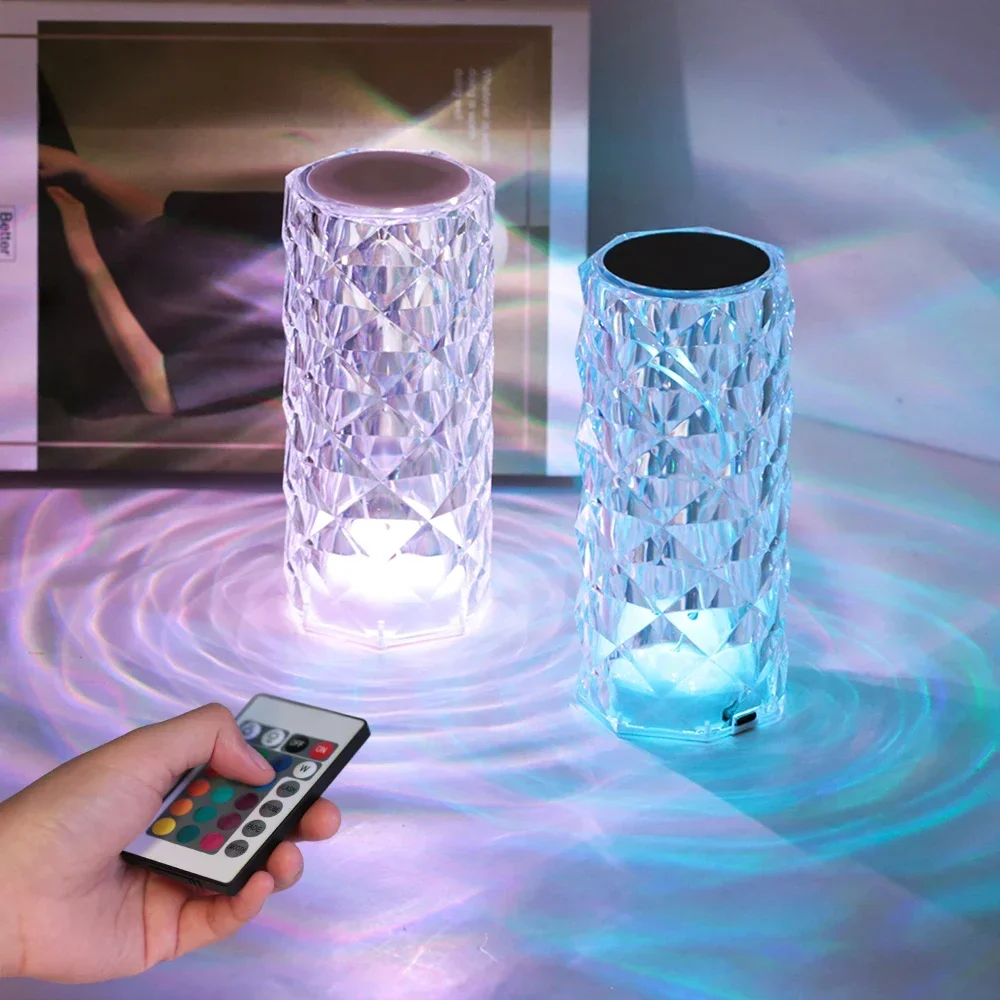 16 Colors Touch Remote Diamond Rose LED Crystal Lamps Table Decorate Christmas USB Night Light Atmosphere Rechargeable Projector