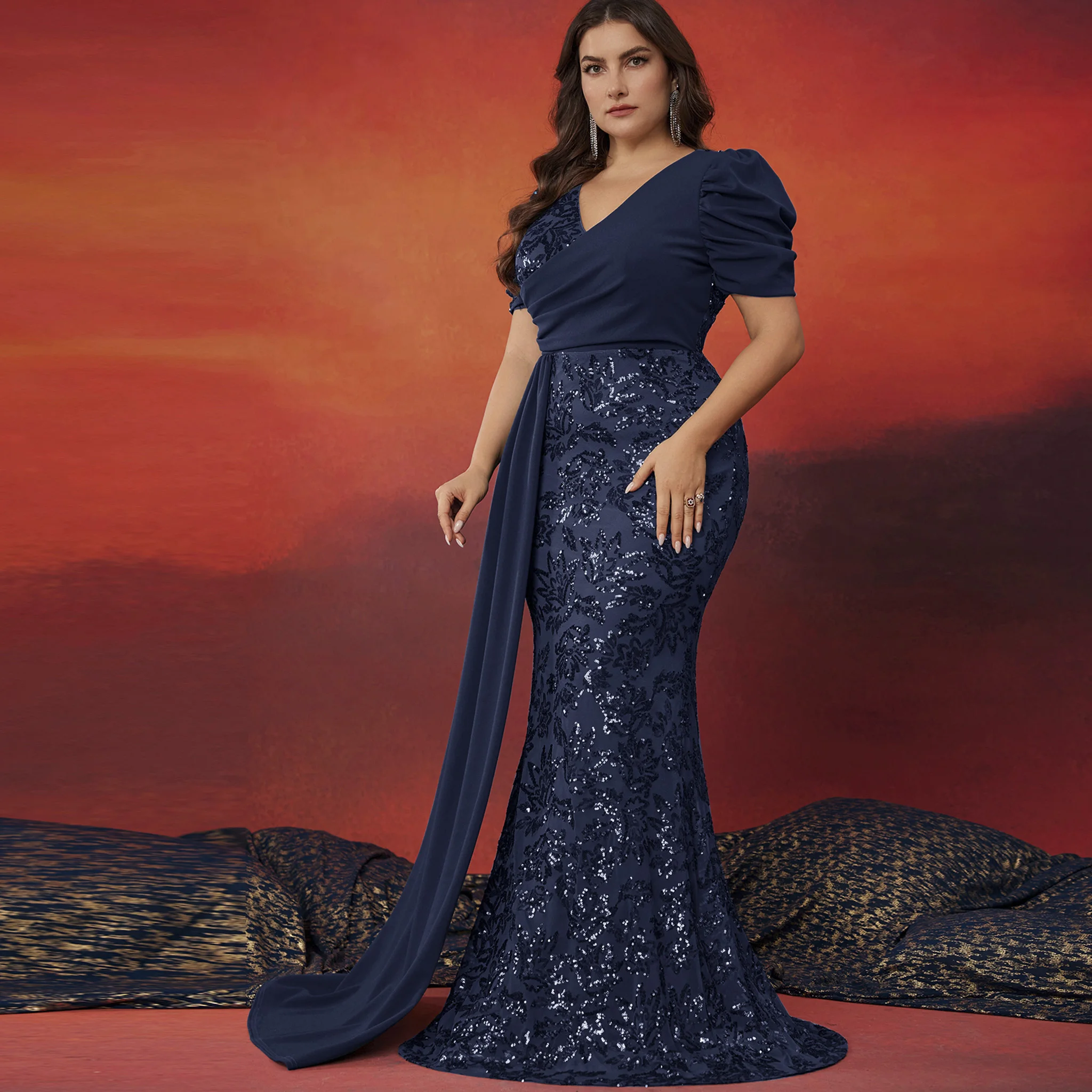 Rosymae plus Size Mermaid Dress Short Sleeve V-Neck High Back Ruched Sleeves Ruffles Evening Party Wedding Formal Event Dress