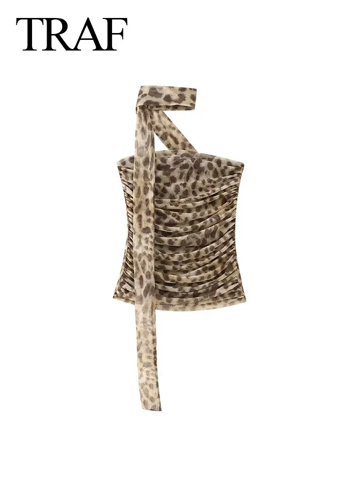 TRAF 2024 Top a tubo con stampa leopardata da donna Hotsweet Tulle Halterneck Off-spalla Slim senza maniche pieghe Chic Sexy Top femminili Y2K