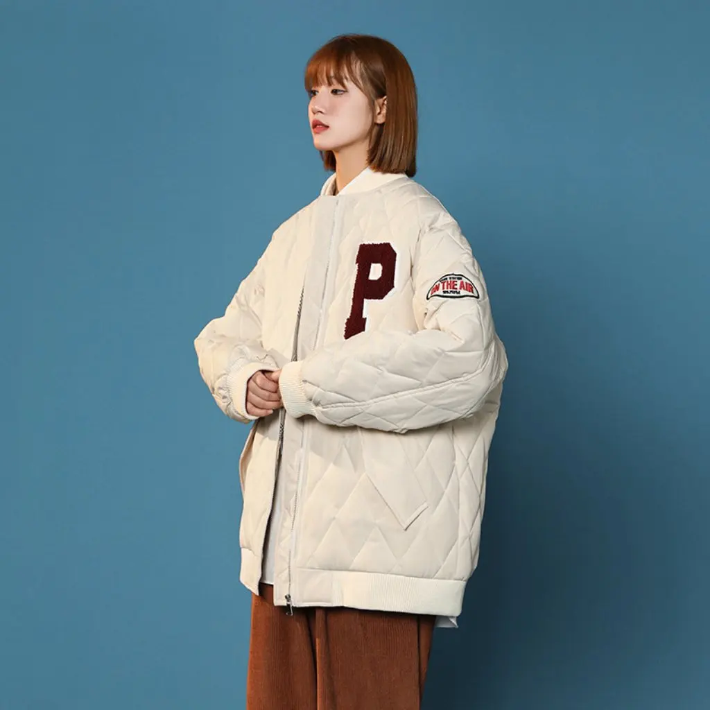 

Женская утолщенная ромбическая куртка на хлопковой подкладке, бейсбольный костюм в корейском стиле, пальто, свободный дизайн с буквами на осень-зиму