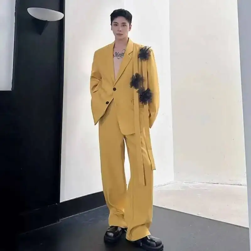 Niche Design Men's Two-piece Ribbon Mesh Floral Single Breasted Blazer Contrast Color Straight Wide Leg Suit Pant 9CU64T