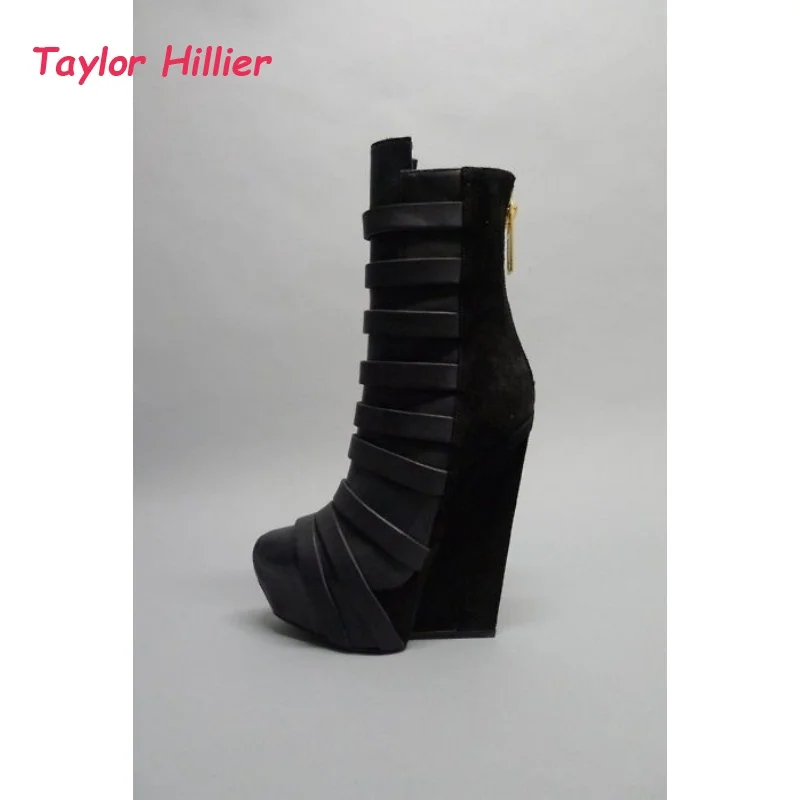 Black Platform Wedge Knee High Boots Women's Multi-Strap Leather Suede Gothic Style Fashion Round Toe Back Zipper Boots image 5