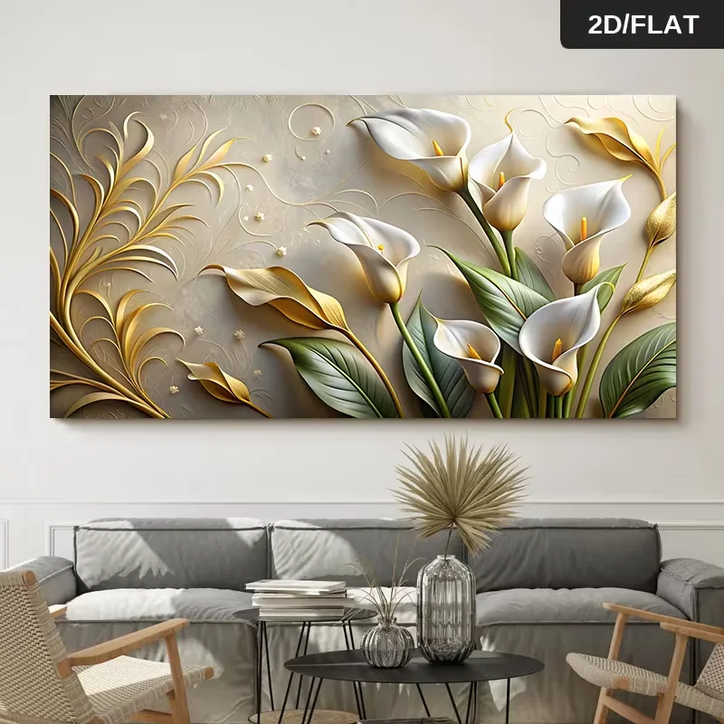 2D Flat 1pc 31.49*62.99in/80cm*160cm Modern Abstract Frameless White Calla Lilies with Golden Print Art Wall Art Canvas Painting