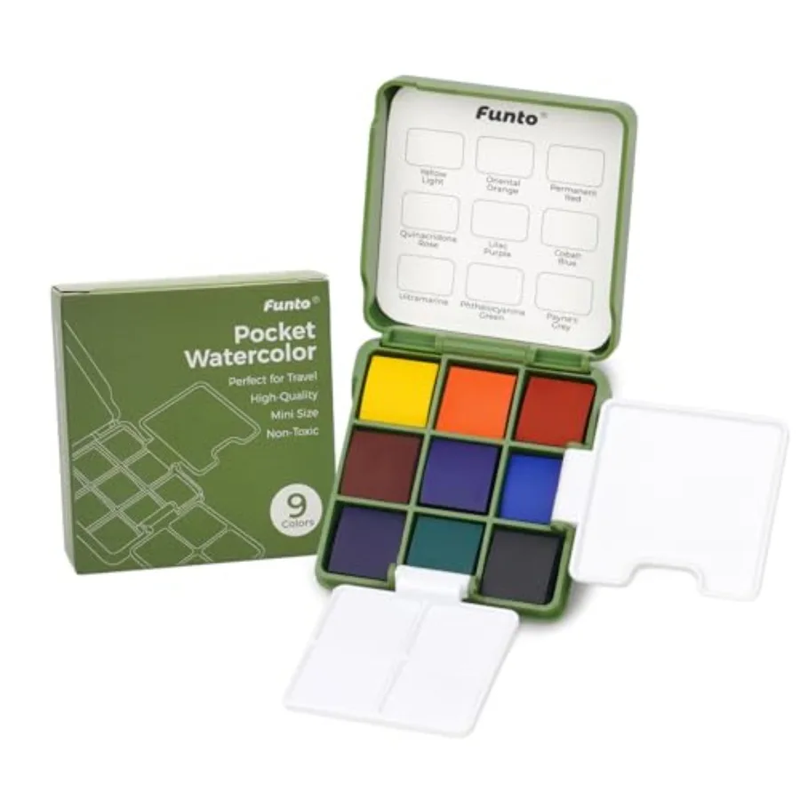 

Mini Watercolor Travel Set, Travel Kit with 2 Foldable Palettes, 9 Colors, Mini Color Paint Set for Creative Artists