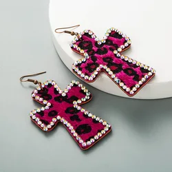 Exaggerated Cross Shaped Double-sided Printed Leopard Print Earrings Genuine Leather Vintage Ins Earrings Leopard Print Earrings