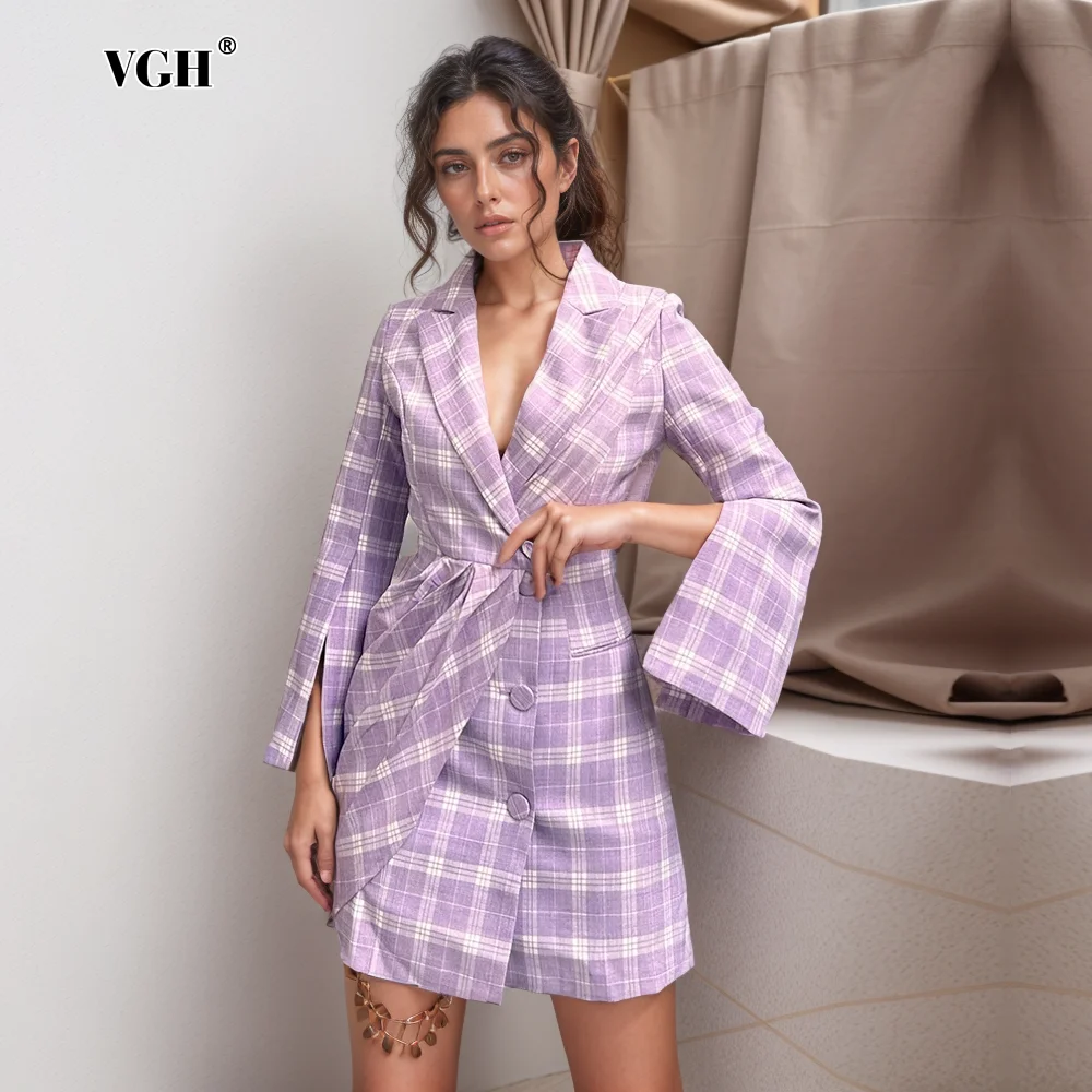 

VGH Hit Color Plaids Bodycon Dresses For Women Deep V Neck Long Sleeve High Waist A Line Mini Dress Female 2024 Fashion Style