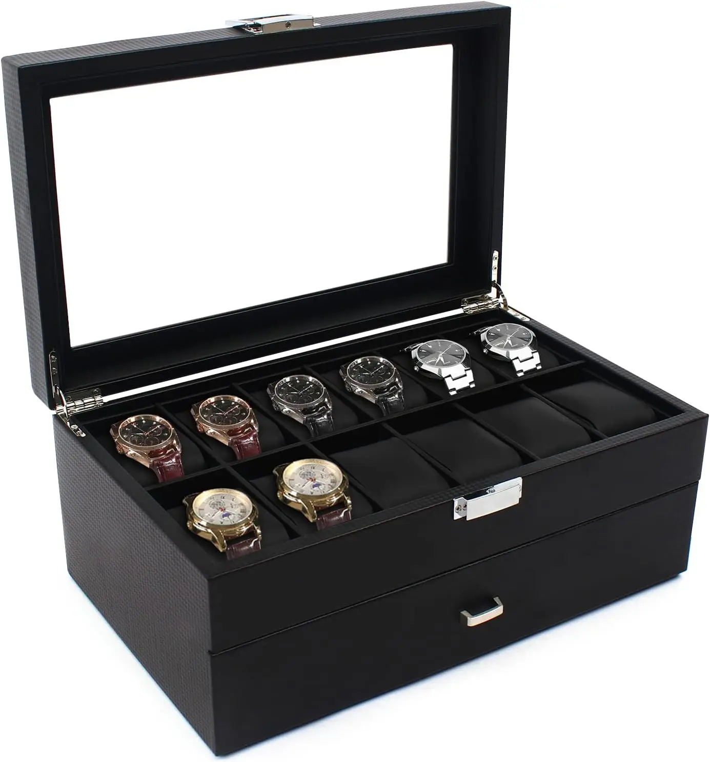 Watch Box Organizer 24 Slot Luxurious Carbon Fiber Textured Display Case Metal Hinge, Large Watch Holder with Drawer, Black