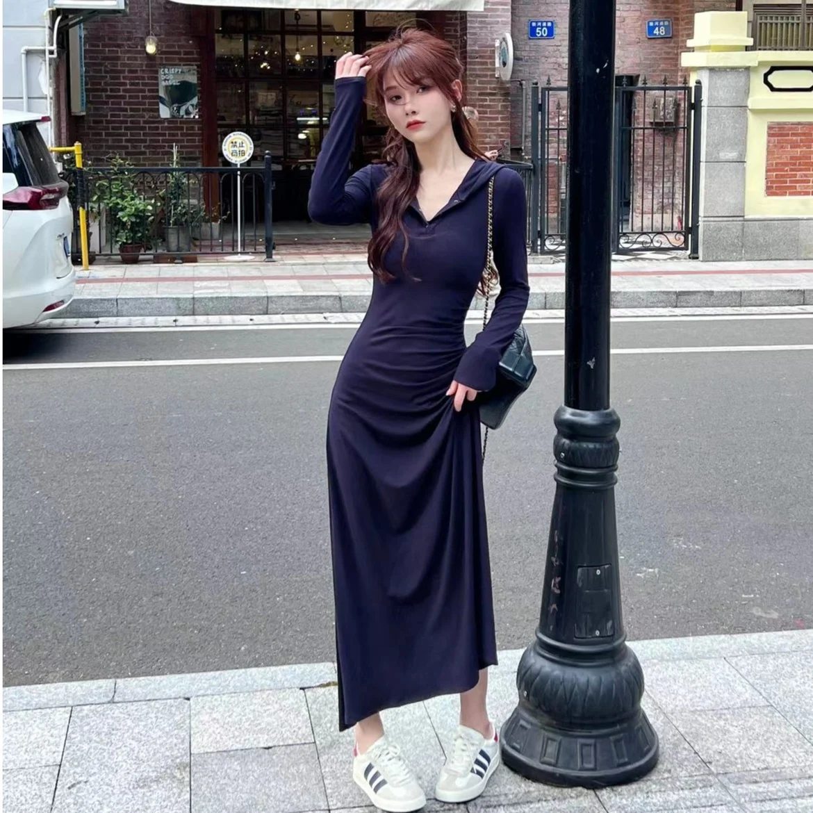 Kleider mit langen Ärmeln, ästhetische Herbst-Strickwaren für Damen, getäfelt, geknöpft, Smockwerk, Stehkragen, H-Linie, Grunge-Stil, Anti-Falten-Chic