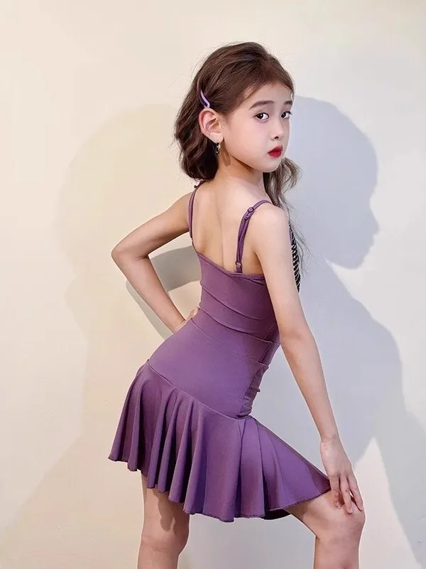 فستان لاتيني مخصص للأطفال البنات أرجواني مطبوع مثير بحزام سبليت قابل للطي نصف تنورة مجموعة ممارسة المنافسة المهنية