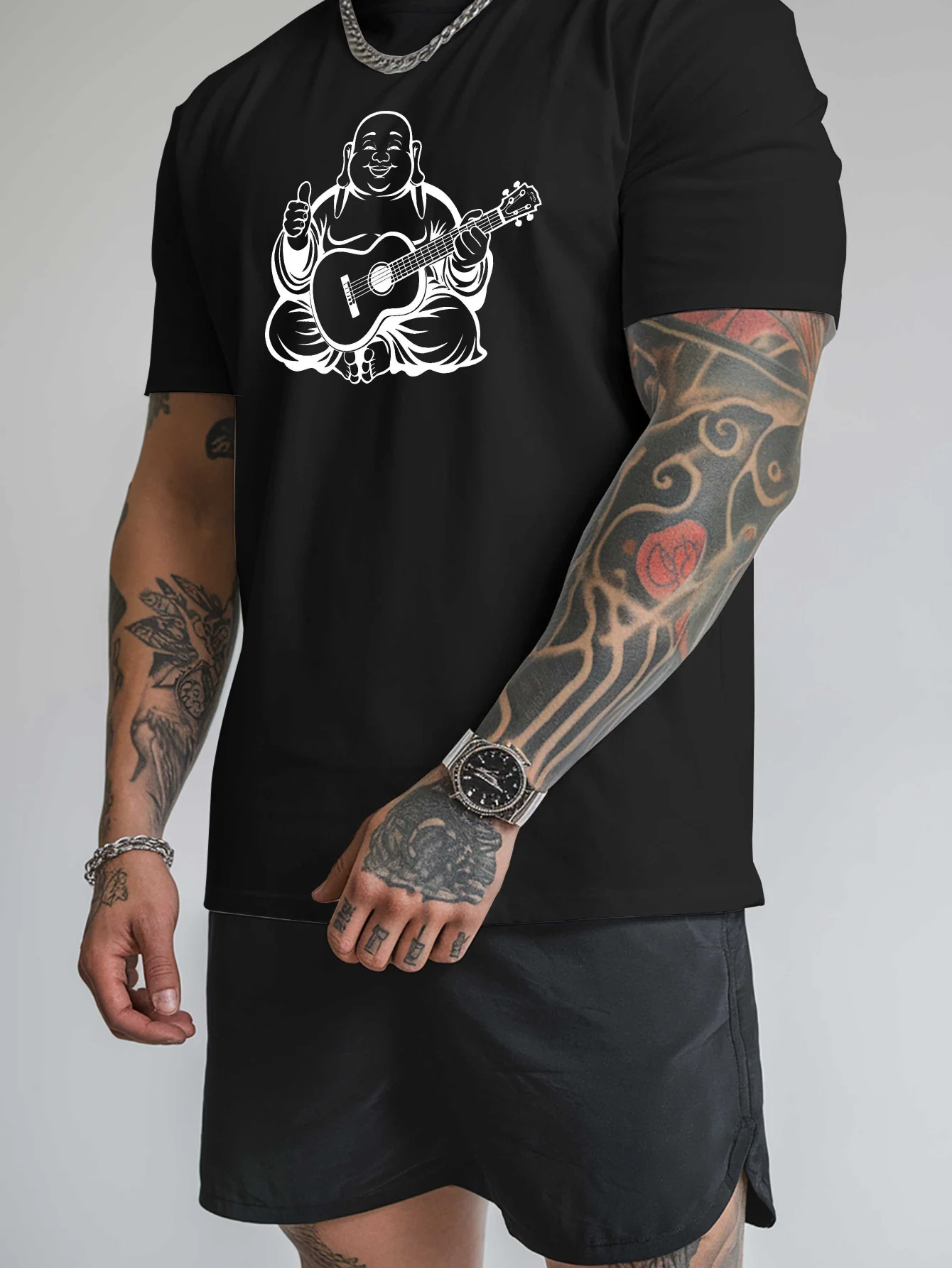 Mens Crew Neck T Shirt Laughing Buddha Playing Guitar Line Art Graphic Short Sleeve Casual Cotton Music Lover Streetwear Tees