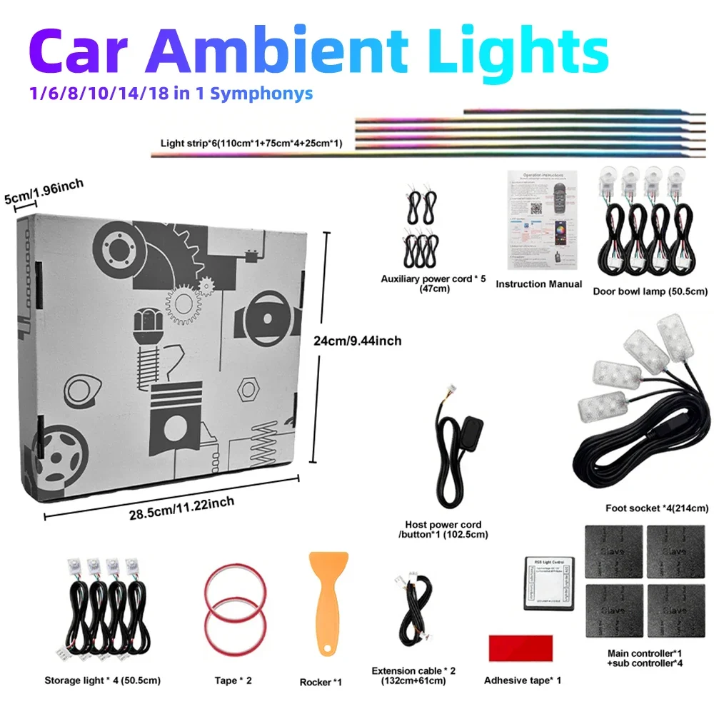 

Universal Symphony Car LED Ambient Light 64 RGB Color Car Interior Acrylic Light Guide Decoration Atmosphere Light 18/10/6 in 1