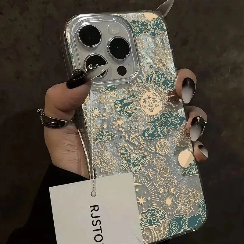 Pearlescent Feather Texture Cloud Sun Moon Butterfly Print Phone Case For iPhone 17 16 15 14 13 12 11 Pro Max Shockproof Cover