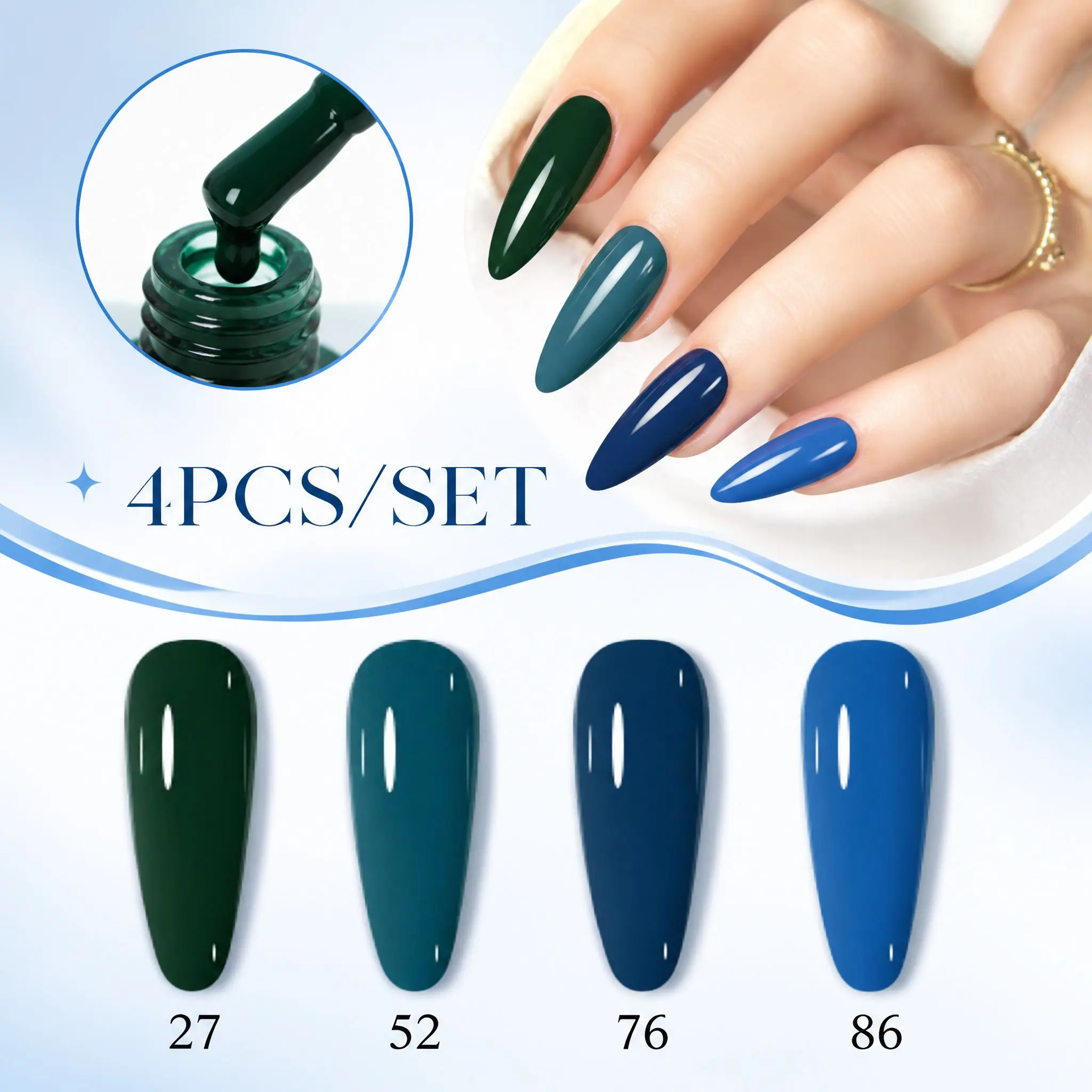 Hassleless 4Pcs Green and Blue 4-Bottle Nail Polish Gel Set, Silky Texture, High Coverage, Nail Polish Gel for Women's Decoration, Salon-Quality
