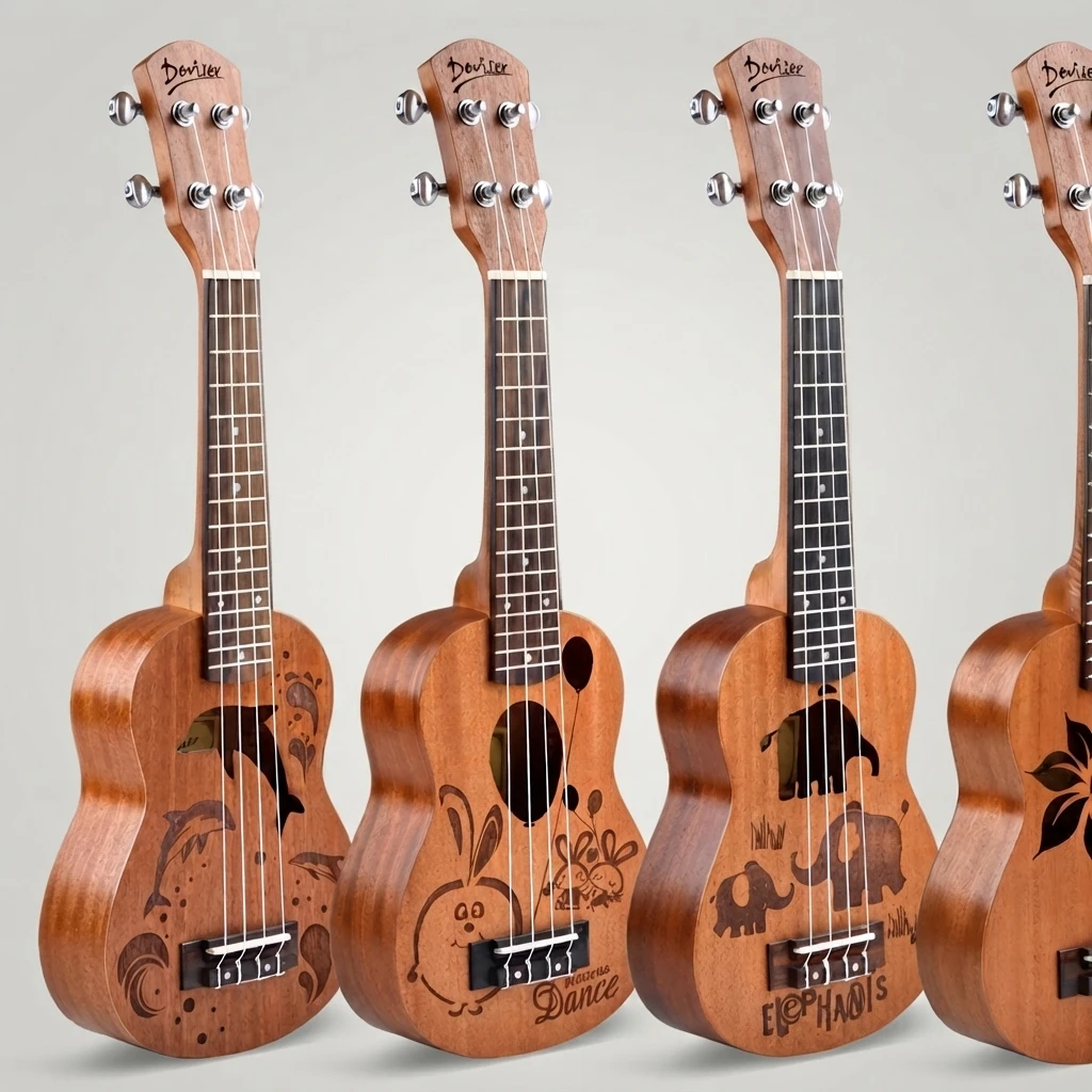 4 Patterns Carved Soprano Ukulele, Brown Matte Body, 4 Strings, Silver Tuners, Dolphin Rabbit Elephant Bird for Beginners