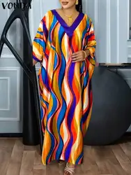 Grote Maat Vonda 2024 Vrouwen Bohemian Jurk Herfst Print Satijn Maxi Lange Zonnejurk V-Hals Vleermuis Mouw Casual Losse Feestvestidos