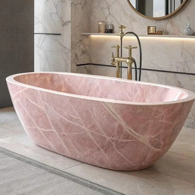 Luxury Stone Baths,YUSHI Modern Design Pink Marble Natural Stone  standing Bathtub Soaking Function With Drainer For Hotels A