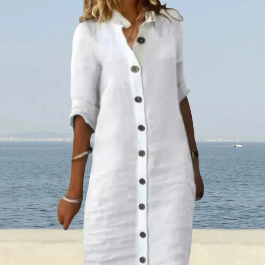 2024 New Summer Women's Dress Solid Color Cotton Linen 3/4 Sleeves Fashionable Casual Daily Wear Cross-border European American