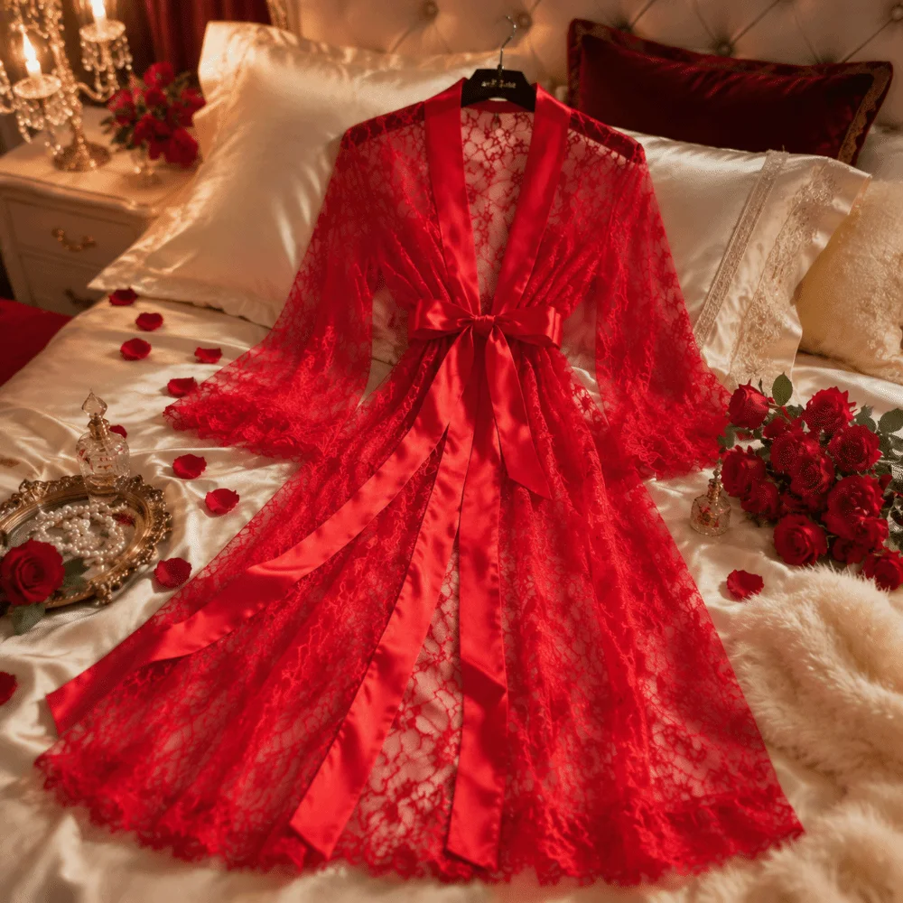 Elegant Long Sleeve Long Lace Robes Hollow Out Nightdress Lady Pajamas Ultra-thin Transparent Bridal Robe Wedding Anniversary