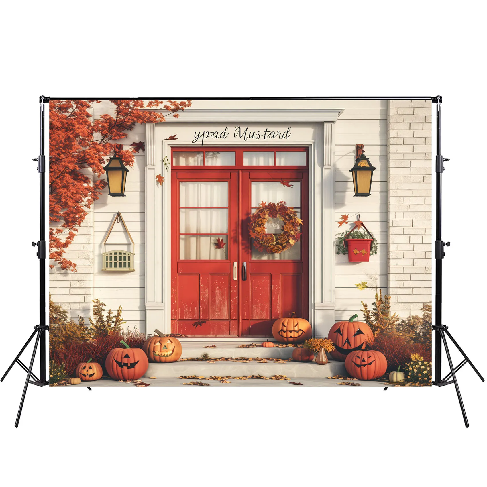 Autumn Themed Front Porch with Red Door Pumpkins Photography Backdrop for Thanksgiving Party Decoration Props BG-1640