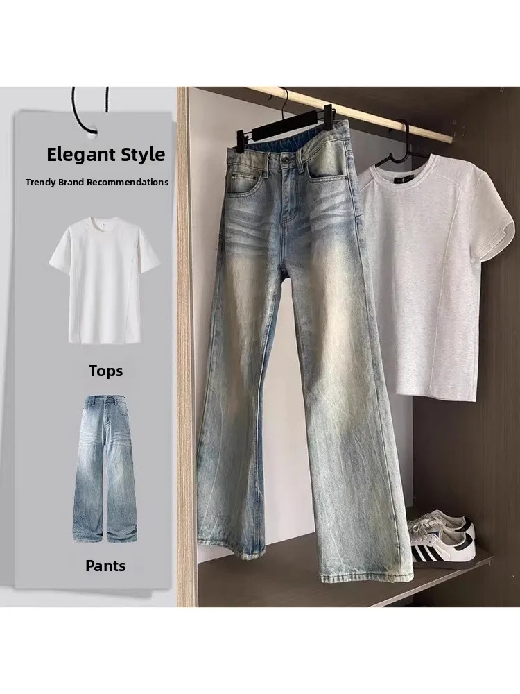 

Cleanfit Light Blue Knife Denim Jeans And Short Sleeve T-Shirt Men's Fashion Set High-End Feelings for Young Men