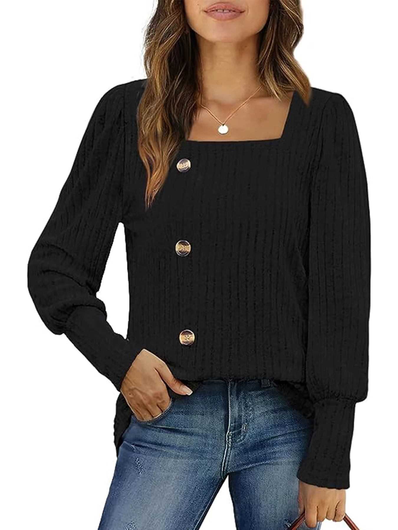 

New autumn and winter square collar side slit top long sleeve versatile button loose top