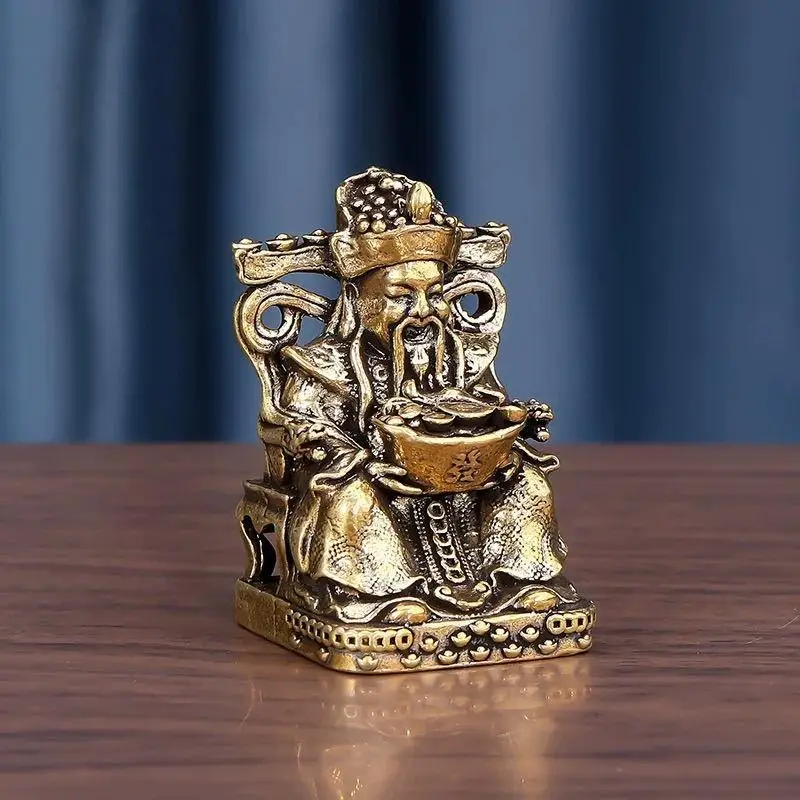 1Pcs Brass Mini God of Wealth Statue Lucky Fortune Ornament Home Office Living Room Desktop Wealth Attracting Decor