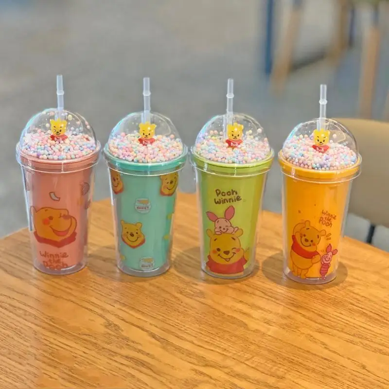 450Ml Kawaii Disney Pooh Bear Straw Cup Double-Layer Plastic Cup with Light Cartoon Children's Portable Straw Cup Birthday Gift