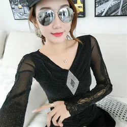 #7938 Black Yellow Blue Mesh T Shirt Women Long Sleeved V Neck Sexy Stretch Mesh Top Split Joint Tight T-shirt Long Sleeved