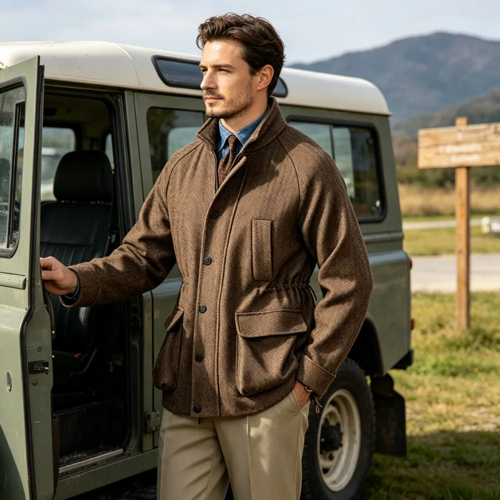 Men's Jacket Vintage Men Herringbone Tweed Stand Collar Drawstring Waist Safari Field Coat Male Casual Business Outerwear