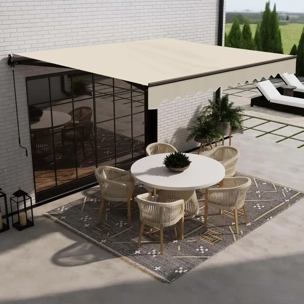 20x10 Motorized Patio Awning with Remote and Manual Operation, UV-Resistant Fabric in Caribbean Style Ivory Cream