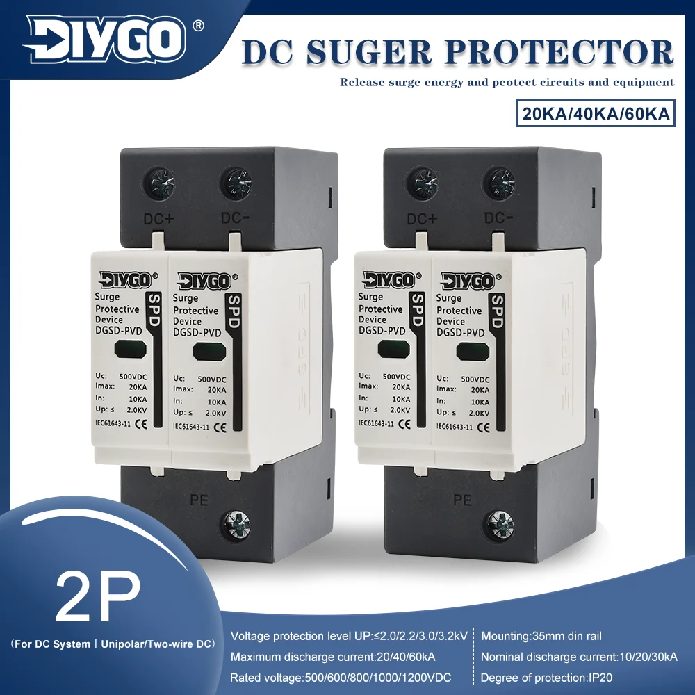 Protector Contra Sobretensiones de CC de 2 Polos, SPD DC500V 800V 1000V 1200V, Dispositivo de Protección Contra Sobretensiones Fotovoltaicas 20KA 40KA 60KA, Supresor de Picos de CC para Riel DIN, Protección Solar Fotovoltaica Contra Rayos