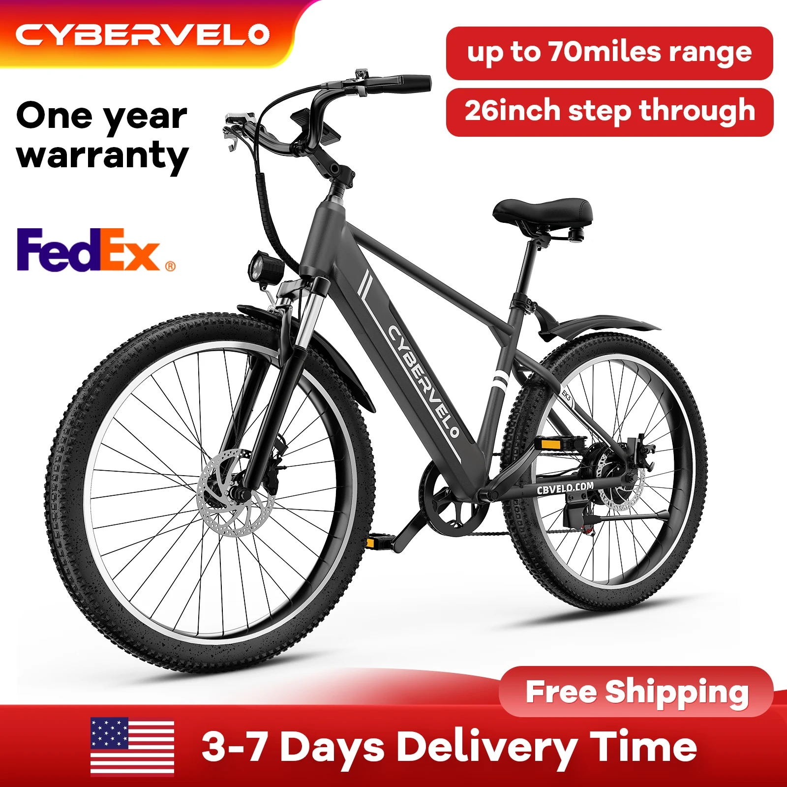 

Adult 26'' Electric Bike 1000W Peak Motor 48V Waterproof Battery 7-Speed Shift City Commute EK3 for Traveling