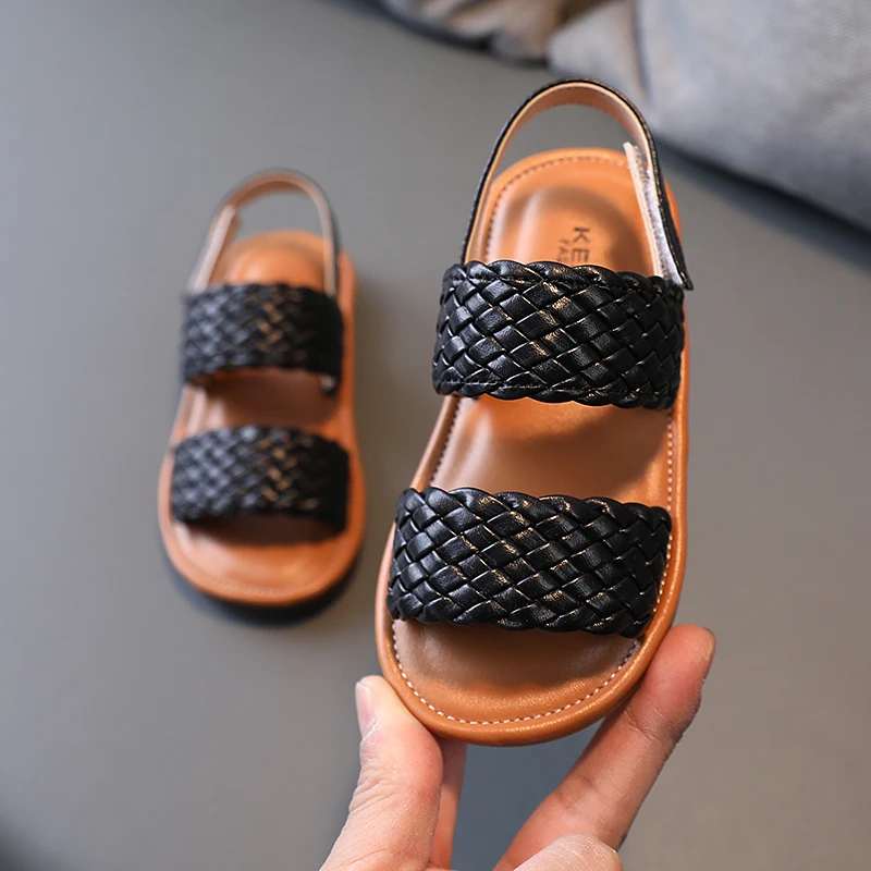 Girl Sandals Braided Open Toe Fashion Vacation Summer Children Flat Shoes Solid Color Comfy Outdoor Anti-slip Kids Sliders