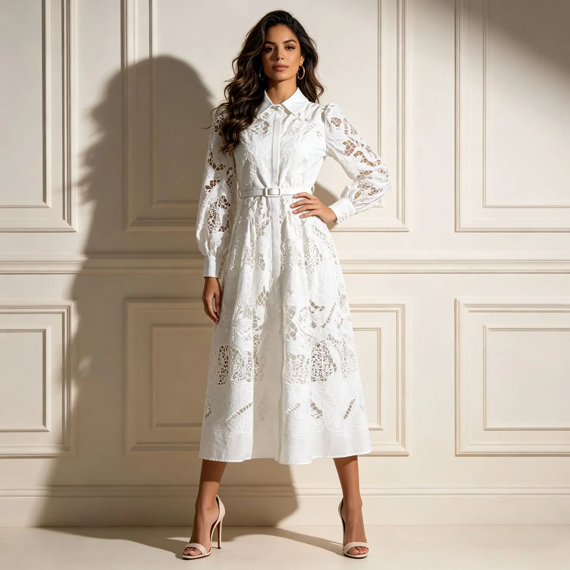 

White Point Collar Lantern Long Sleeve Cutwork Eyelet Lace Midi Shirt Dress Self Tie Waist Belt Wedding Guest Vacation Dress