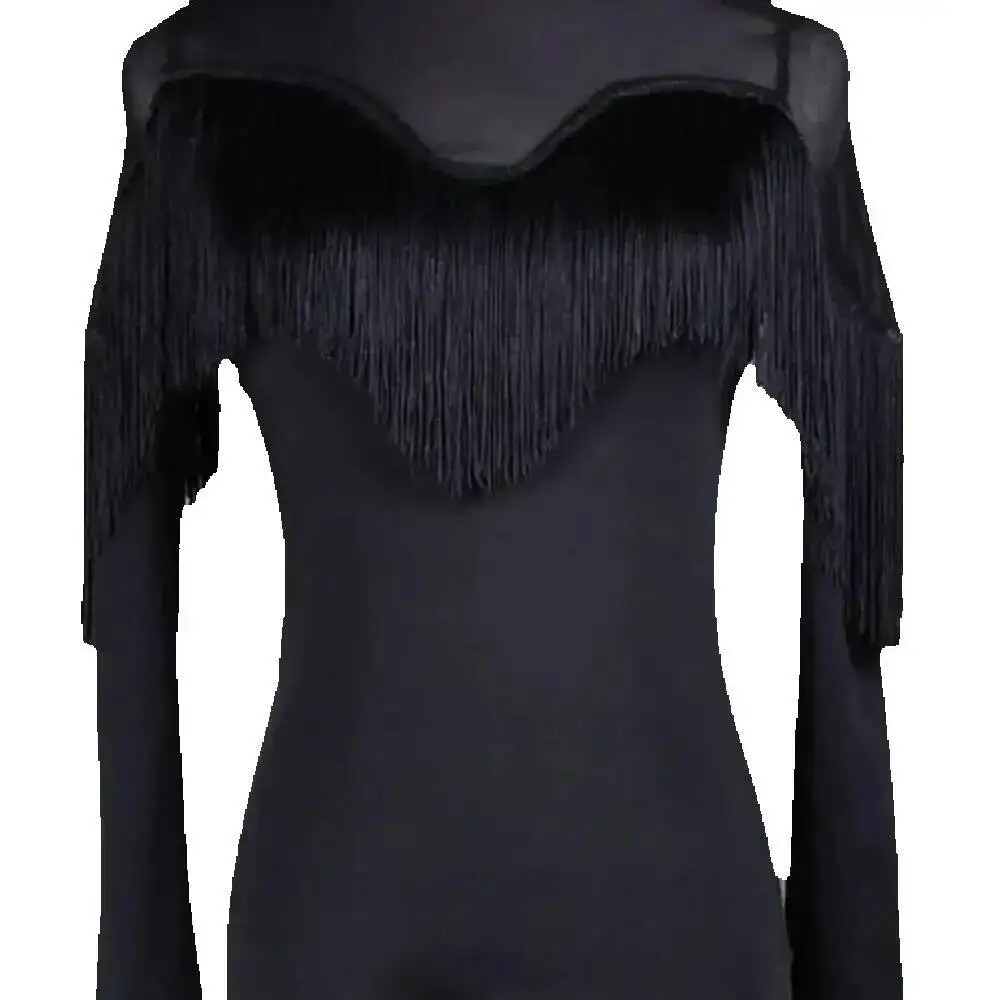 Mesh Patchwork Avond Rompertjes Buikdans Kostuum Latin Kleding Effen Kleur Vrouw Kleding Lange Mouw Dames Kwasten Top - afbeelding 2
