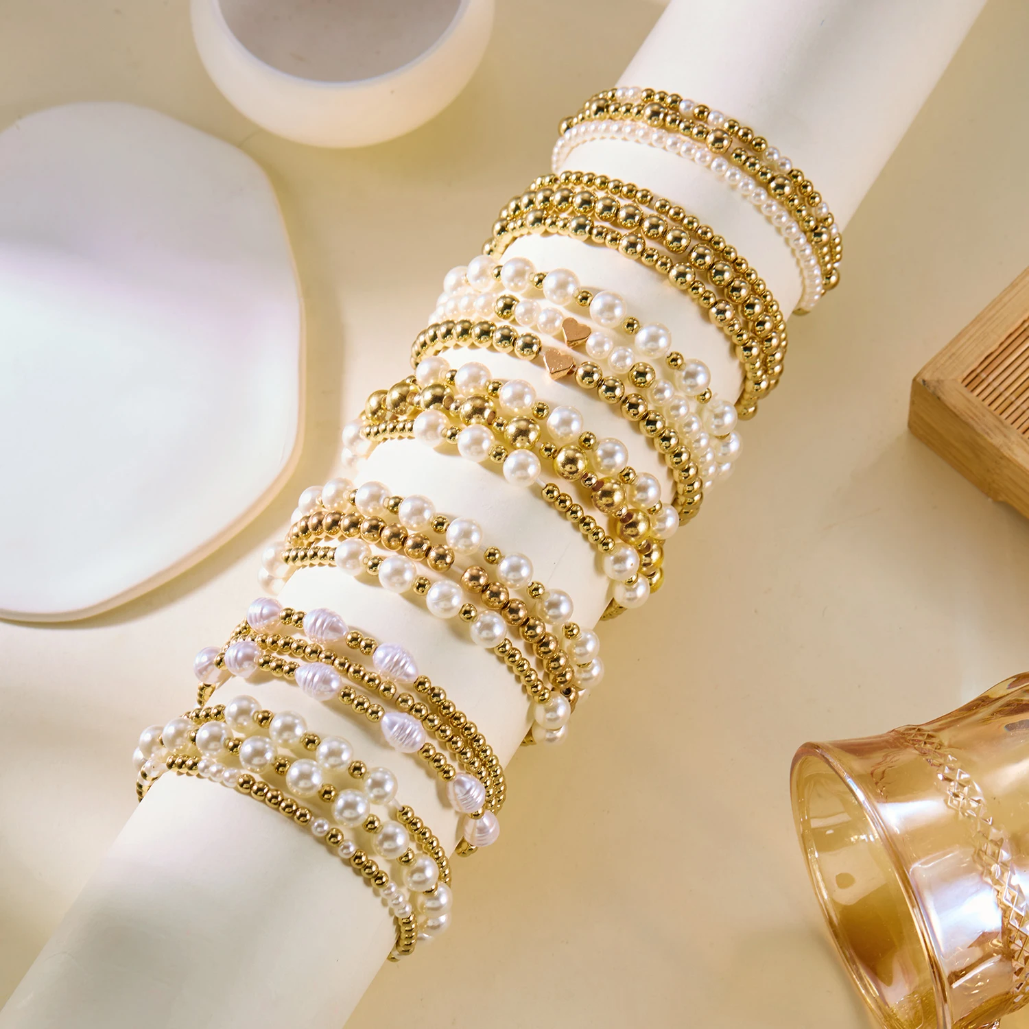 3 Pcs/Set Elegant Imitation Pearls Handmade Beaded Bracelets for Women VIntage Gold Color Beads Bracelet Wedding Jewelry Gifts image 6
