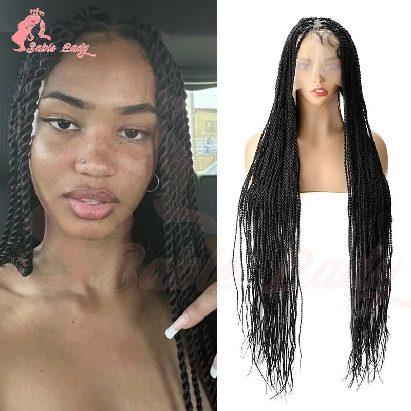 Wig Kepang Rambut Sintetis Model Goddess Twist untuk Wanita Kulit Hitam, Wig Kepang Faux Locs Burgundy Full Lace, Wig Kepang Box Braid Lace Front