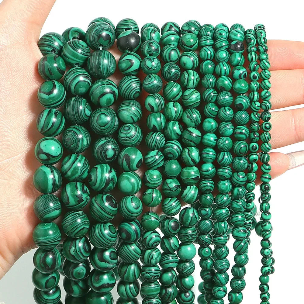Natural Stone Green Malachite Round Loose Beads For Jewelry Making Charm DIY Necklace Bracelet Stripe Crimp 4 6 8 10 12MM