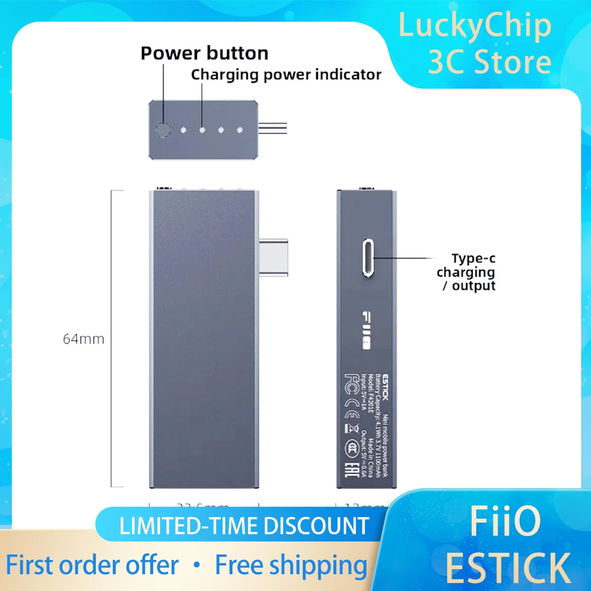 In Stock FiiO ESTICK Mini Power Bank Direct Plug Power Bank for KA17 QX13 DAC Amplifier Low‑ripple Pure Output External Battery