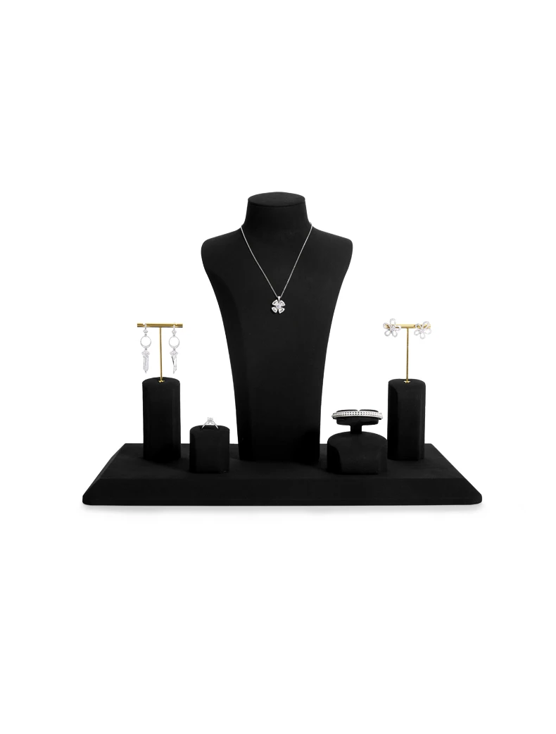 Oirlv Schwarzes Mikrofaser-Schmuck-Display-Set mit Metallständer für Halsketten, Ohrringe, Armreifen und Ringe – Detail 11