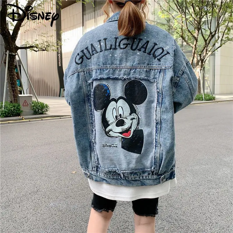 Disney Mickey Mouse Denim Jacket Women\'s New Loose Versatile Cartoon Graphic Denim Coat Yk2 Fashion Tops Hip Hop Goth Clothes