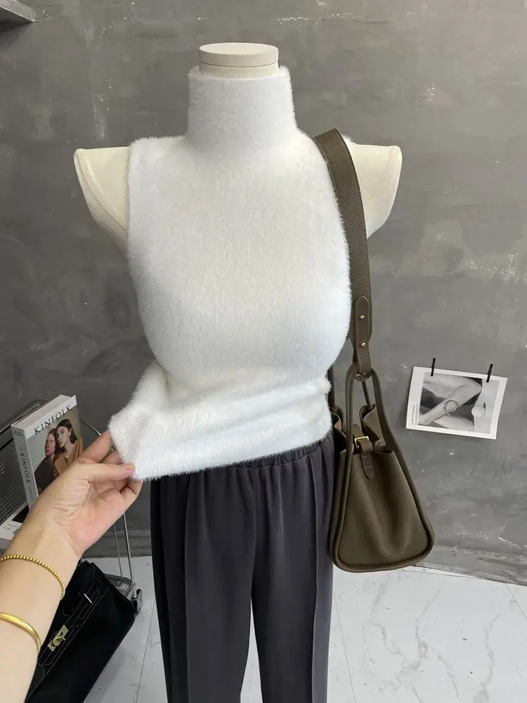 New Arrival Soft Waxy Warm Solid Color High Neck Knitted Vest Fluffy Slim Sleeveless Sweater Base Layer Shirt Crop Top