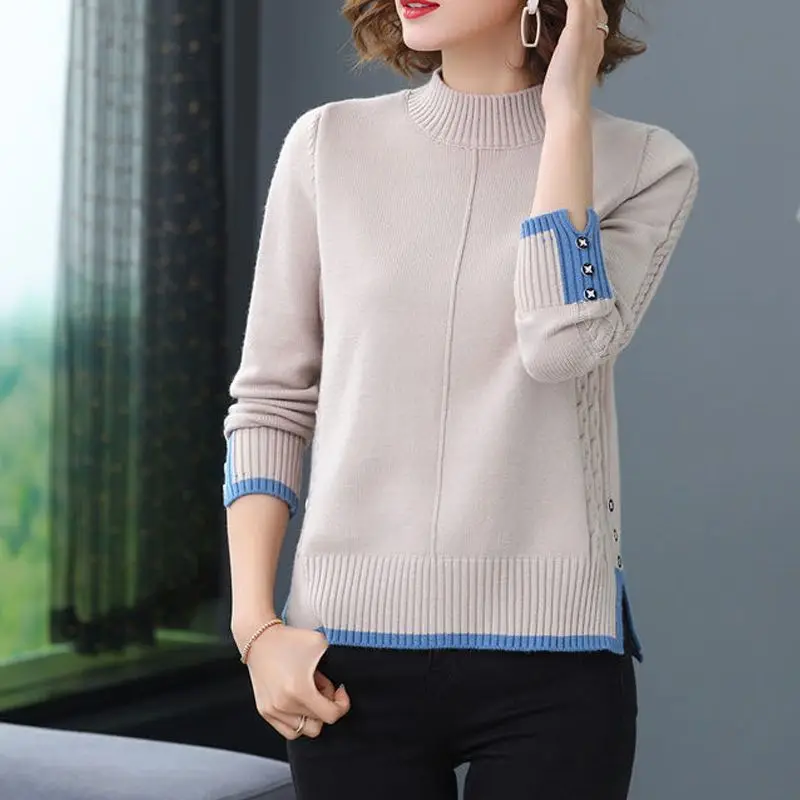 秋の女性用プルオーバーセーター、韓国風ルーズソリッドハーフタートルネックセーター、レディース長袖トップス、女性用ニットセータージャンパー