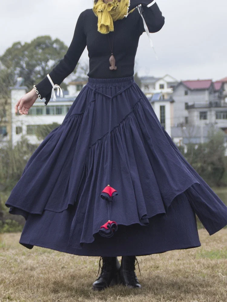 Falda de lino de algodón para mujer, falda musulmana Medieval sólida de Dubái, Turquía, Retro, Eid, con cordones, falda larga musulmana, primavera y otoño 2025