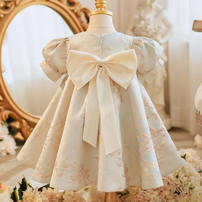 Baby Girls Luxury Party Dress For Summer Bow Printed Design Children Ball Gowns For Baptism Infant Vintage Evening Dress A2700