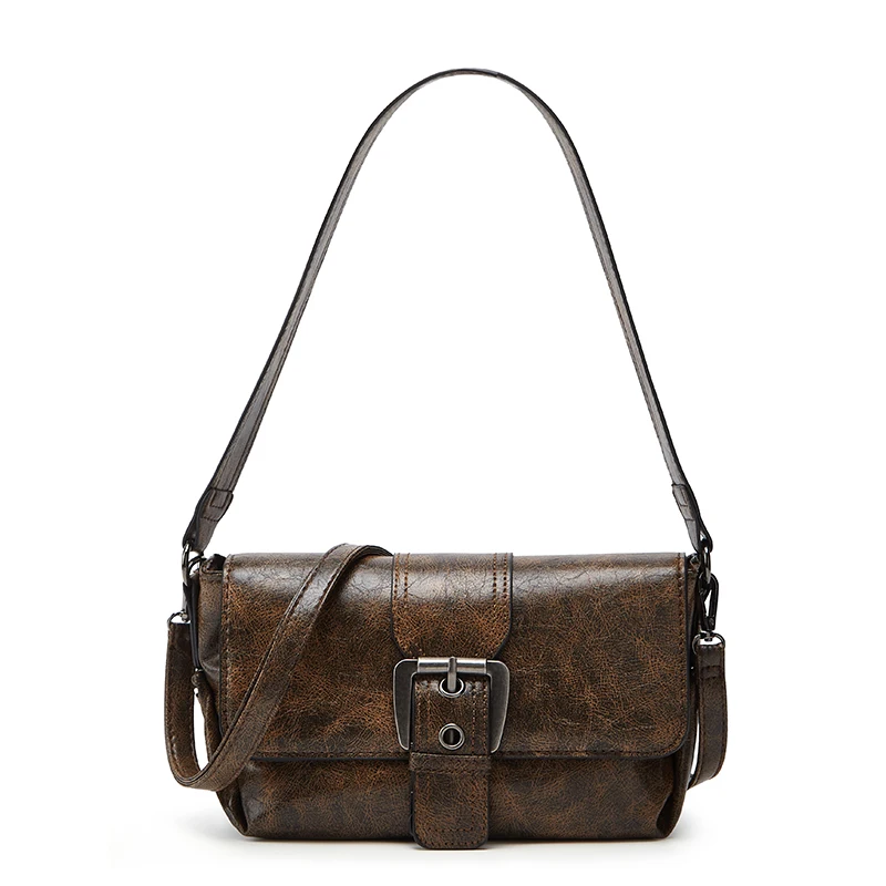 Shoulder Bag, American Retro Style, Distressed, Biker-Style Buckle Horizontal Small Bag, Messenger Bag for Women